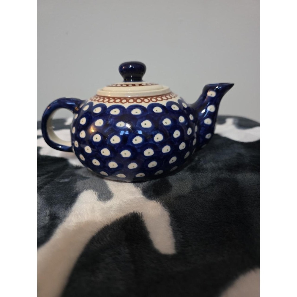 Hand Made In Poland Boleslawiec Polish Pottery Small Blue  Polka Dot Teapot
